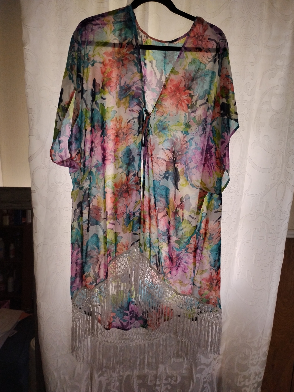 Floral Fringe Sheer Kimono Cover-Up - Multicolor